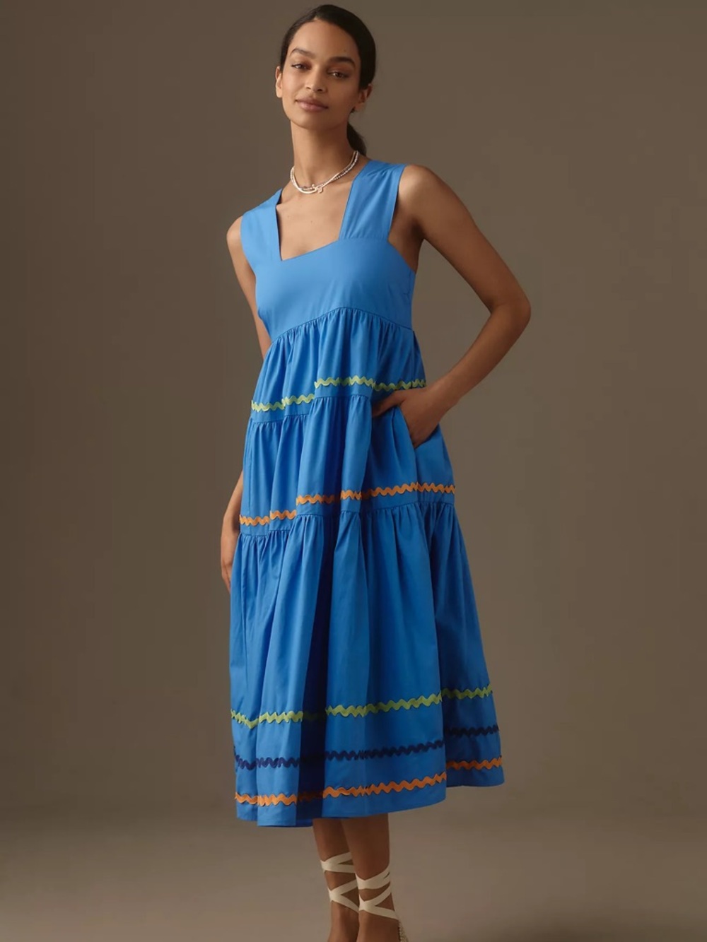 Anthropologie Helena Midi Dress Square Neck Tiered Cotton Blue Green Size Small